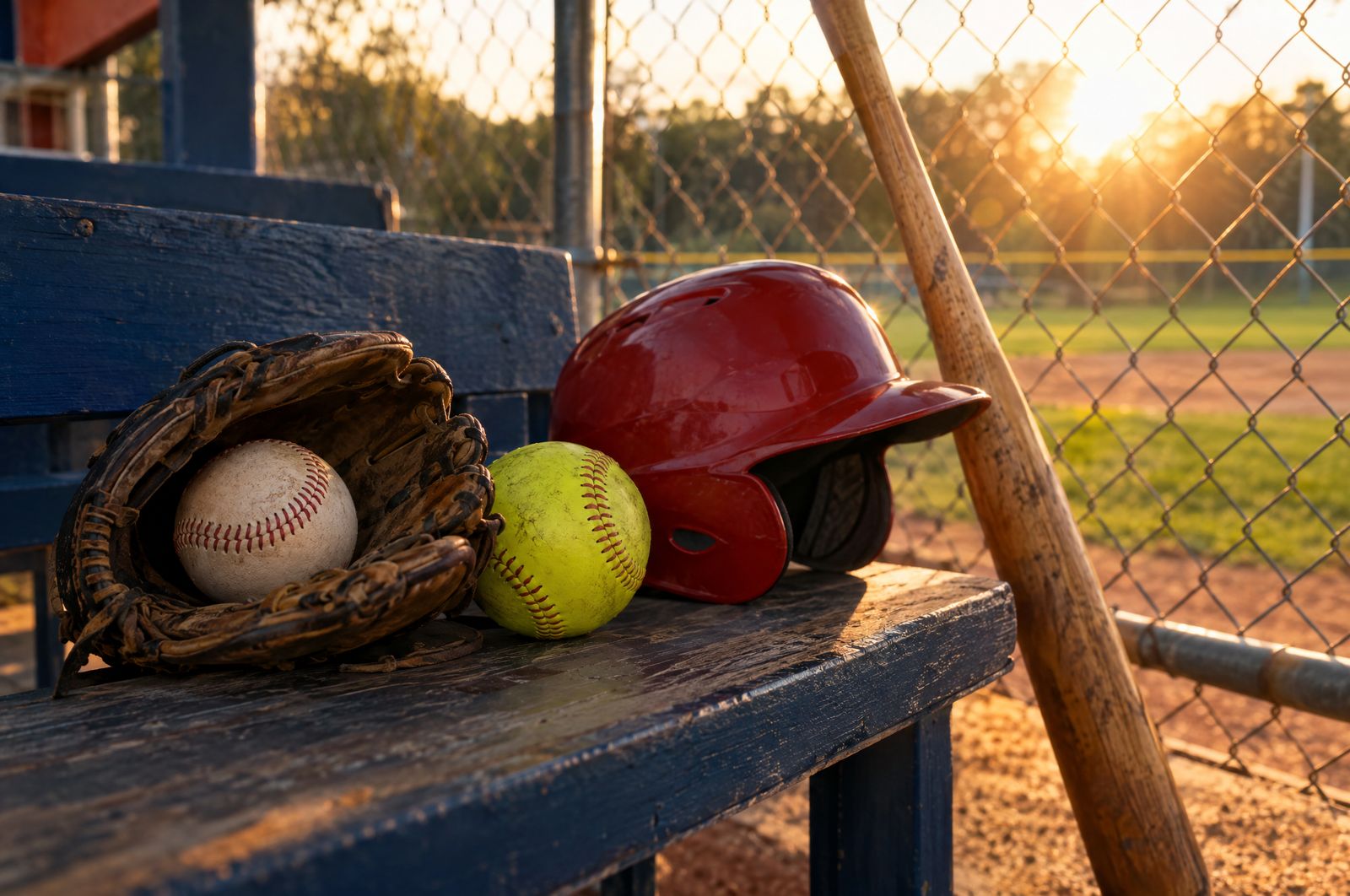 A glove, baseball, softball and batting helmet on a dugout bench at sunset