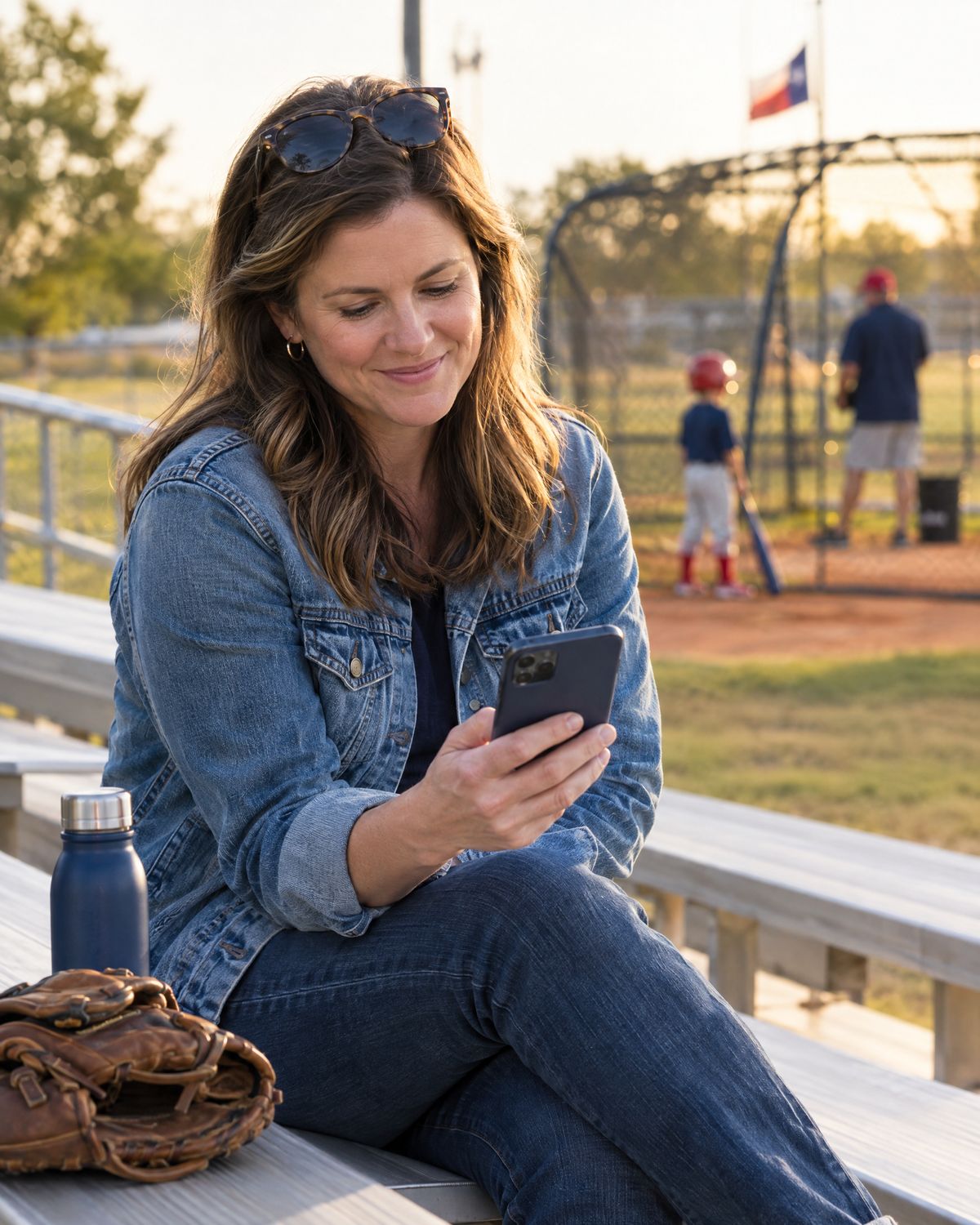 A parent on the bleachers booking a lesson on her phone while her son works with his coach