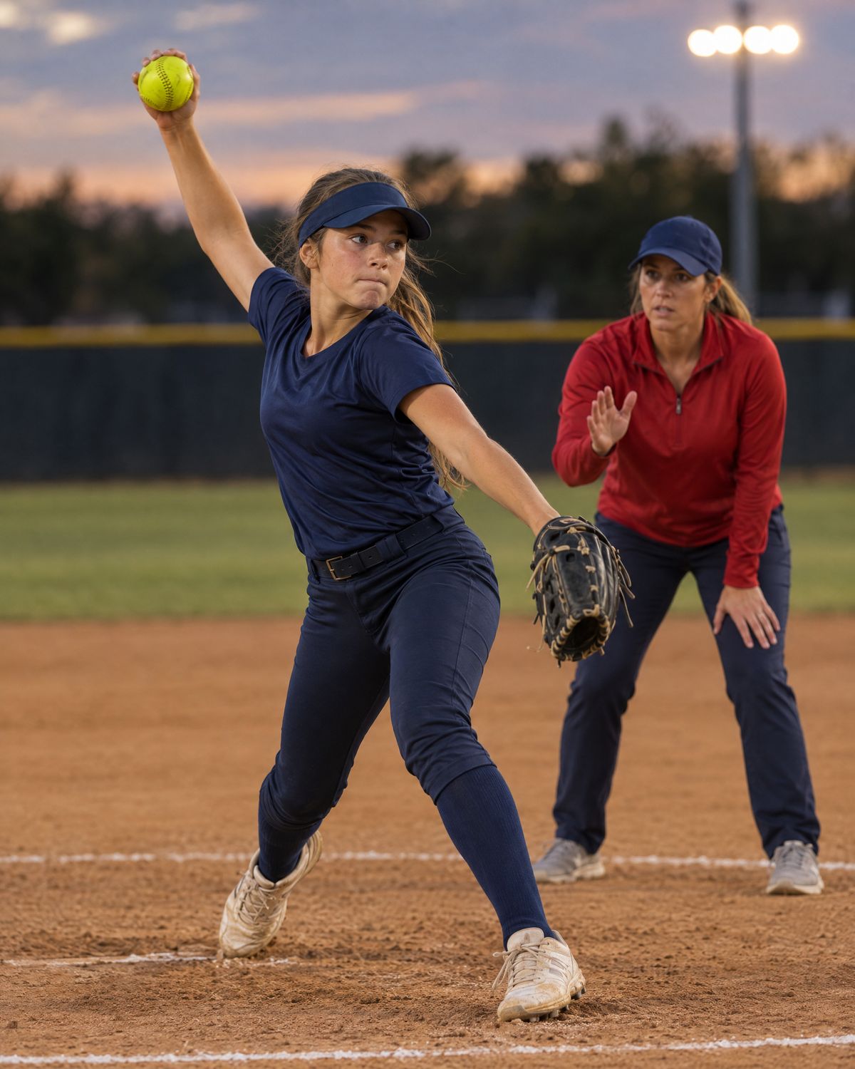 A softball pitching lesson at dusk, with a coach watching her pitcher's delivery